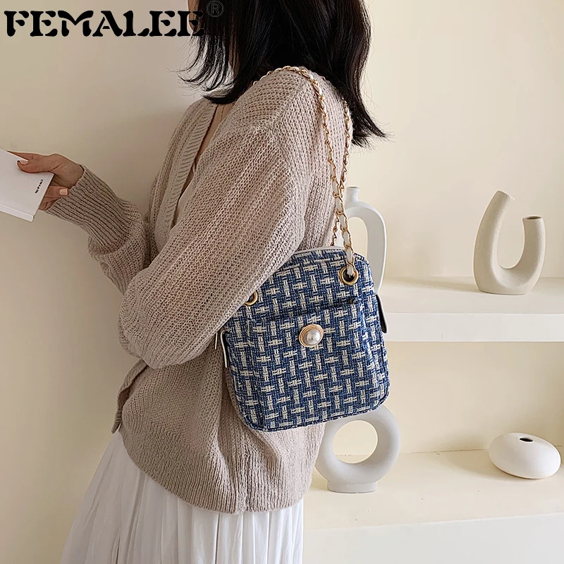 

Pearls Luxury Chains Bags For Women Tweed Wool Bag Contrast Single Shoulder Small Square Handbags sac a main femme de marque
