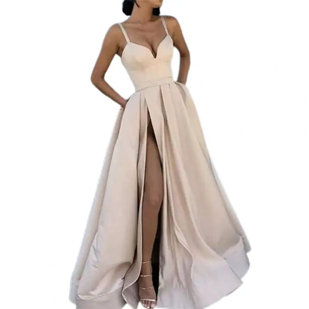 Party Dress for Wedding Women Elegant Side Slit A-Line Satin Sleeveless Spaghetti Straps Banquet Maxi Dress Wedding