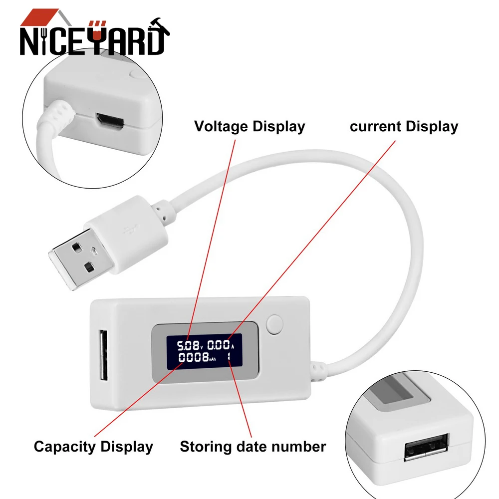 

NICEYARD Micro USB Tester for Phone Power bank Voltage Current Meter Mobile Power Charger Battery Capacity Detector LCD Screen