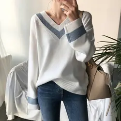Женский свитер 2019 с v-образным вырезом и длинным рукавом свитер белый вязаный пуловер свитер студенческий свитер