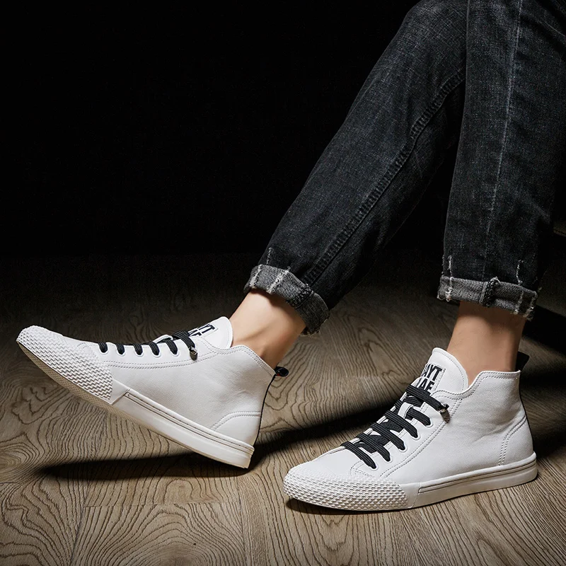 Autumn Winter Men Shoes High-Top Genuine Leather Outdoor Casual Shoes Sneakers Breathable Non-slip Walking Shoes White Simple