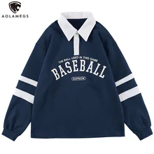 

Aolamegs Sweatshirt Men Polo Collar Letter Print Retro Pullovers Japanese Varsity All-match Loose Tops High Street Male Clothing