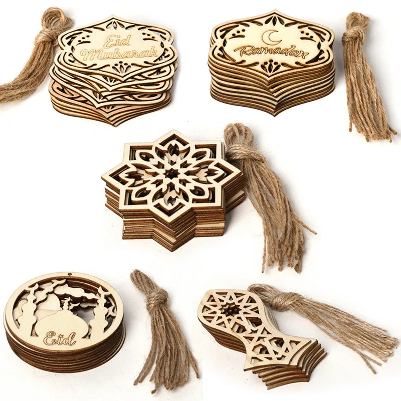 Colgantes de Mubarak Eid de madera para decoración de fiestas, colgantes de Mubarak Eid de Ramadán para decoración de fiestas de Hajj Mubarak, suministros de decoración de Luna Eid al-fitr, 10 Uds.