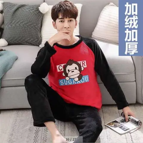 men pajamas winter Зимние фланелевые пижамные комплекты для мужчин с длинным рукавом, толстые теплые коралловые бархатные Мультяшные пижамы, костюм для дома, домашняя одежда размера плюс 4XL - Цвет: men pajamas winter
