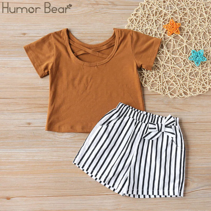 Humor Bear/Одежда для маленьких девочек Футболка с цветочным принтом и открытыми плечами топ+ широкие штаны с оборками, комплект одежды Модный комплект детской одежды - Цвет: Khaki BZ002P
