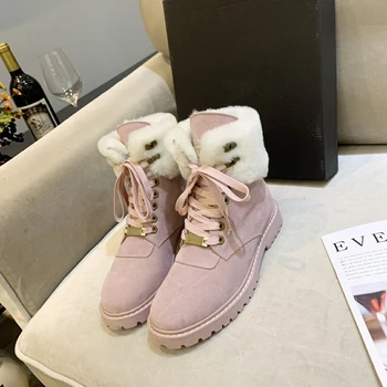 

New Genuine Leather High Pink Women's Boots Winter Platform Cuffed Wool Casual Booties Fashion Comfortable Warm Martin Boots
