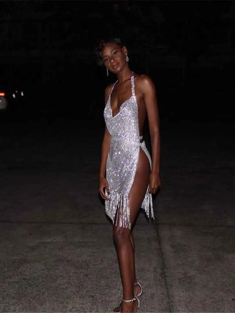 Fashion Autumn Halter Women Silver Golden Sexy Sequined Bright Diamonds Tassels Silts Club Dress - Цвет: Z1027-silver