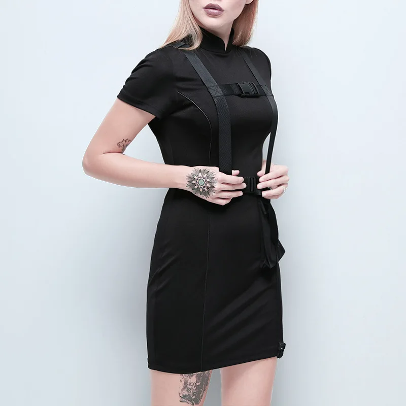Готическое темное винтажное готическое женское платье, черная элегантная карманная повязка, сексуальное платье на молнии для женщин, модное однотонное платье в стиле панк