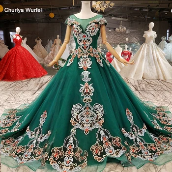 

LSS146 green evening dress party o-neck cap sleeves color flowers prom dress ball gown formal dresses free shipping real photo