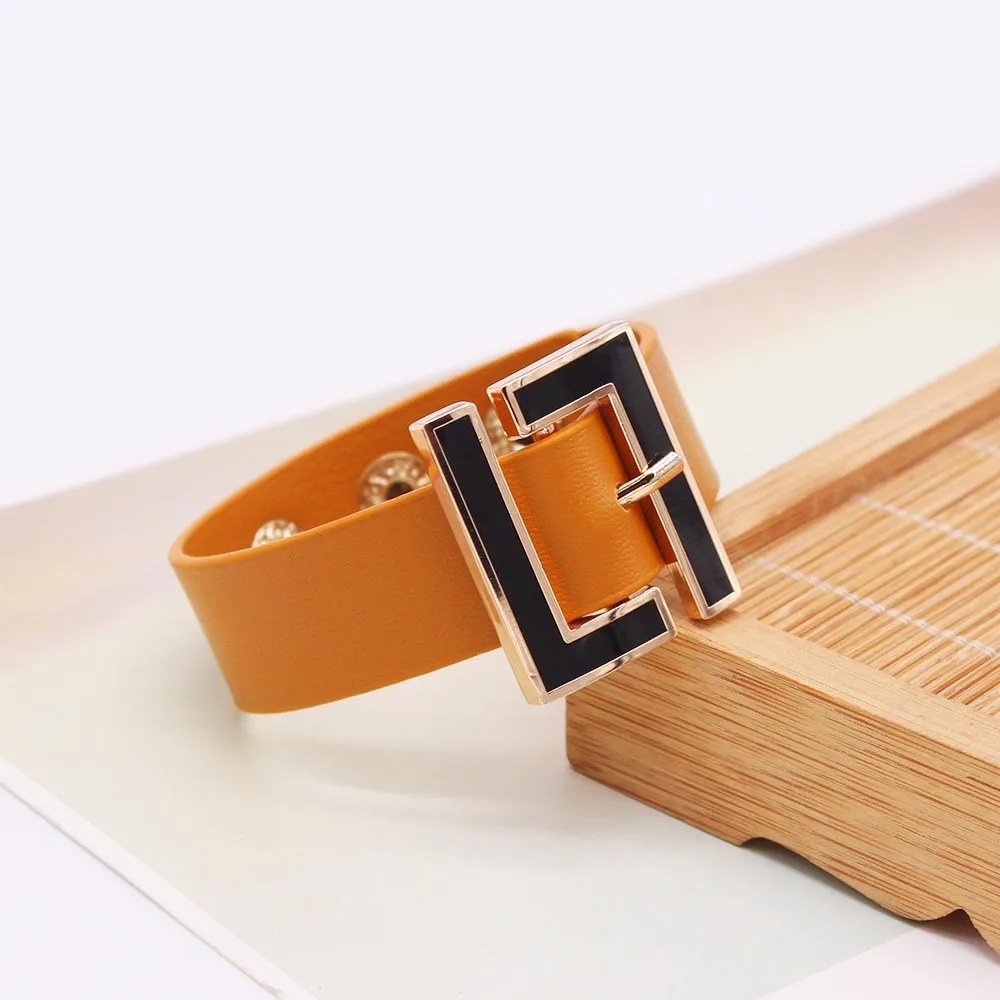 Metal Bracelet Fashion Wide Leather Bracelet for Women Black Geometric Metal Bracelet Wrap Charm Jewelry Femme Gift leather bracelet