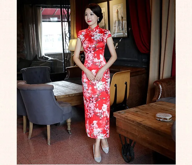 Весна лето стиль натуральный шелк Cheongsam ретро Мода длинное платье для женщин
