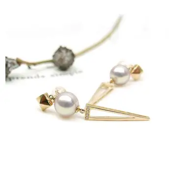

Free Shipping 8-8.5mm Round White Real Akoya Pearl Drop Earrings Dangle 14K Solid Yellow Gold