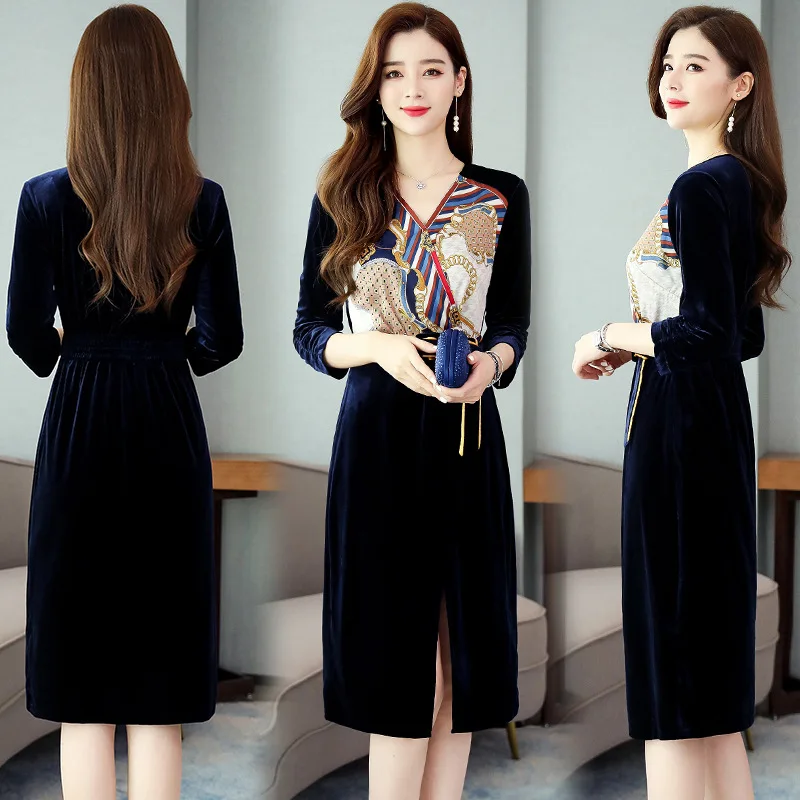 

Autumn Clothing 2019 New Style Women's Fashion Printed High-waisted Slim Fit Slit Elegant Early Autumn Short-height Dress