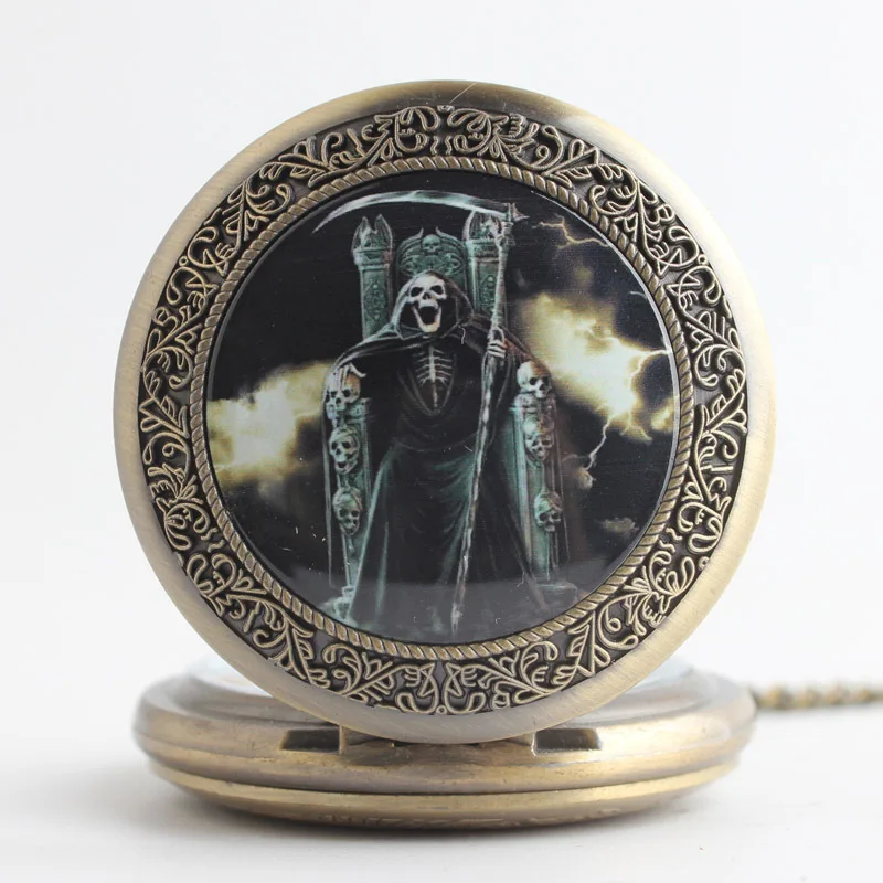 

Quartz Pocket Watch Necklace Bronze Silver The Skulls Pocket Watch Necklace with Chain Woman Man Quartz Pendant Christmas Gift