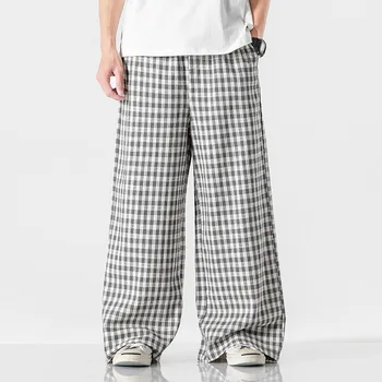 

Linen Pants Men Large Size Check Printed Pants Harlan Wide Leg Pants Bf Wind Couple Casual Loose Pantalon Hombre Casual Trousers
