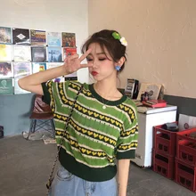 

Summer Knitwear Ladies All-Match Jumpers Women Short Sleeve Green Heart Pattern Kniter Tops Vintage Geometric Knitted Crop Tops