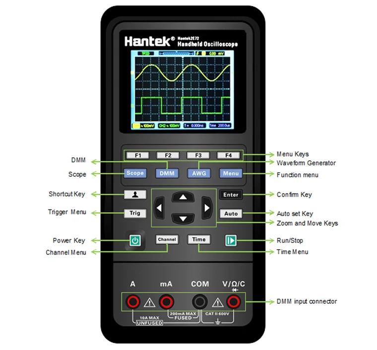 Hantek 3 в 1 портативный осциллограф Цифровой мультиметр генератор сигналов 40MH/70MHZ5 двухканальный цифровой осциллограф