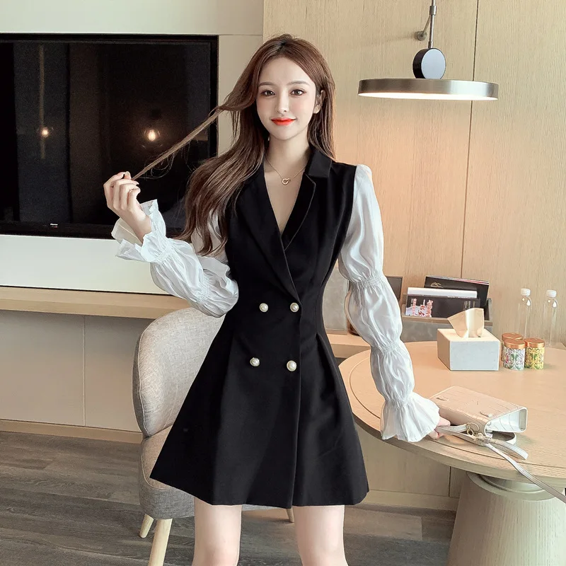 

Fall 2020 new temperament stitching bubble sleeve suit slim dress dress