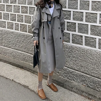 

Solid Color Double-breasted Overknee Midi Loose Gray Trecnch Coat With Shoulder Sleeves