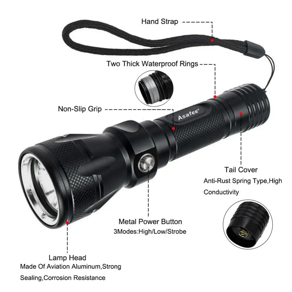 Asafee Diver фонарь CREE XML L2 светодиодный водонепроницаемый фонарик для дайвинга с