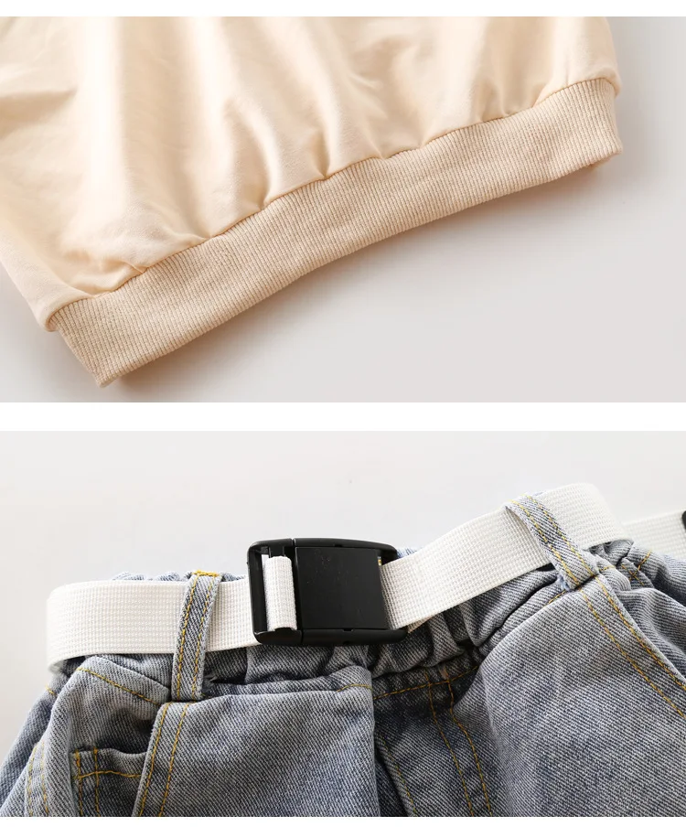 Футболка и штаны для девочек, осенний костюм Новые повседневные детские джинсы, брюки толстовка с капюшоном комплект детской одежды из двух предметов