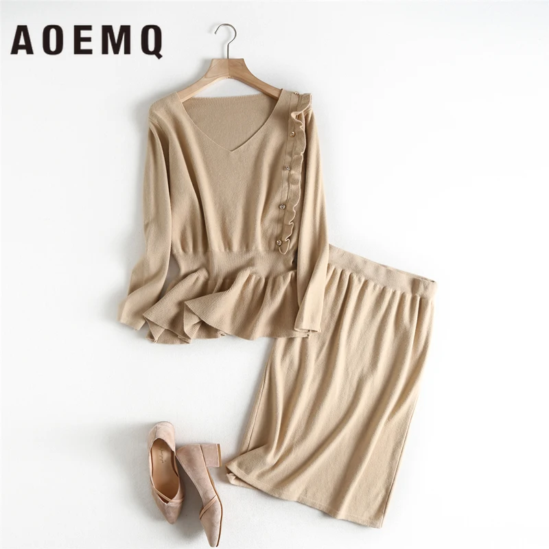 AOEMQ, брендовые Модные женские комплекты, 3 цвета, свитер, топы и юбки средней длины, для девушек, для взрослых, с цветочным узором, волнистые, милые комплекты для девочек, женская одежда