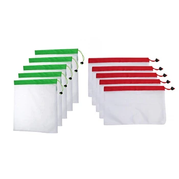

10 Pcs Reusable Produce Bags Rope Mesh Vegetable Fruit Toys Storage Pouch High Quality Mesh Bags,S & L