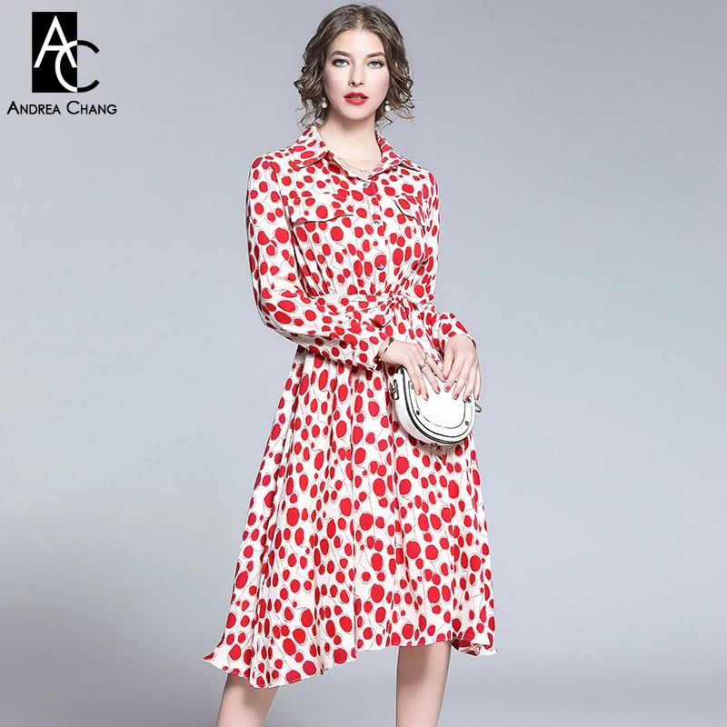

M-XXL spring autumn woman dress white background random size red dot linked pattern print dress calf length casual sweet dress