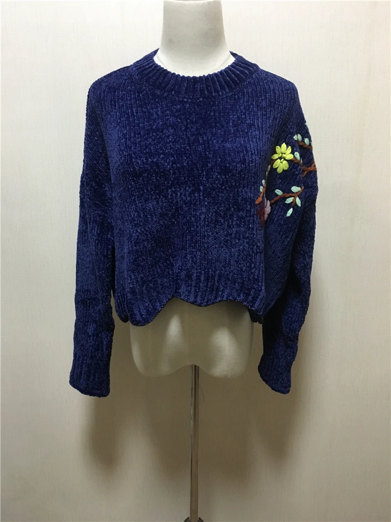navy blue Винтажный шикарный осенний женский ретро бархатный короткий свитер из синели, свободный неровный вязаный пуловер, женский свитер большого размера - Цвет: navy blue