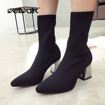 

Wool Ankle Boots Women Block Heels Shoes Winter Dress Booties Pointed Toe Stretch Fabric Fashion Bootee Woman 2019 Fenty Beauty