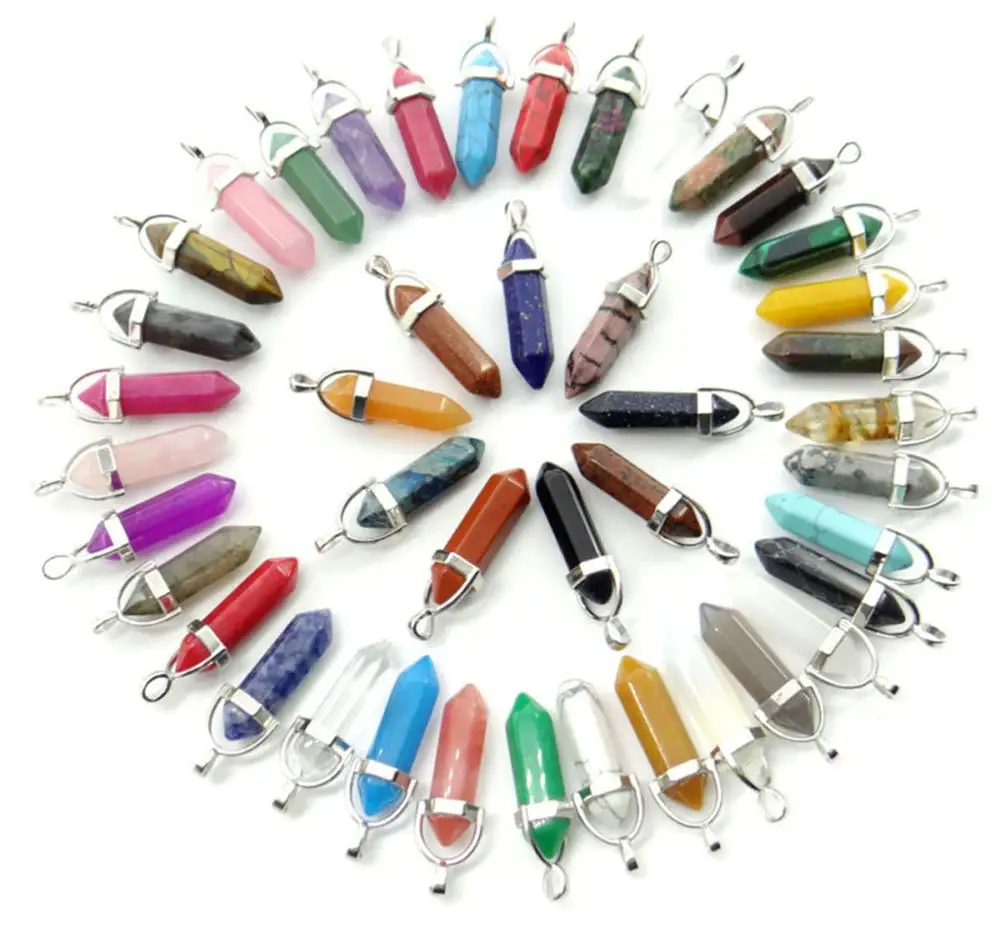 

Wholesale 24pcs Natural tiger eye stone Quartz Crystal agates malachite yellow jades Hexagonal Column Pendant DIY Jewelry making