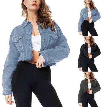 

Boyfriend Jean Jacket Women Oversized Crop Denim Jackets Vintage Long Sleeve Short Jacket Casual Loose Coat Black Bomber Jacket