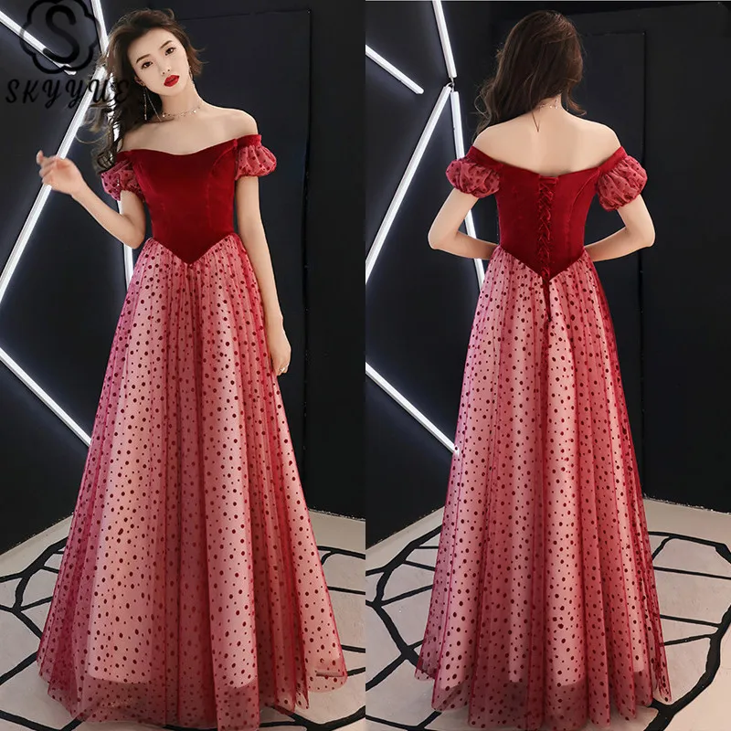 

Skyyue Eveing Gown Boat Neck Pleat Wave Point Robe De Soiree Off Shoulder A-Line Short Sleeve Floor-Length Eveing Gown TR034