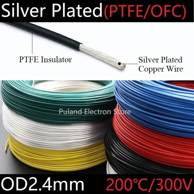 PTFE посеребренный провод OD 2,4 мм изолированный высокотемпературный мягкий электронный кабель OFC медь DIY наушники Singal линия красочные