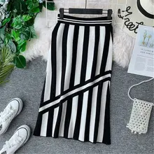 LUOSHA женские осенние женские трикотажные юбки женские прямые Полосатые черные белые один шаг Модные миди юбка куртка Femme