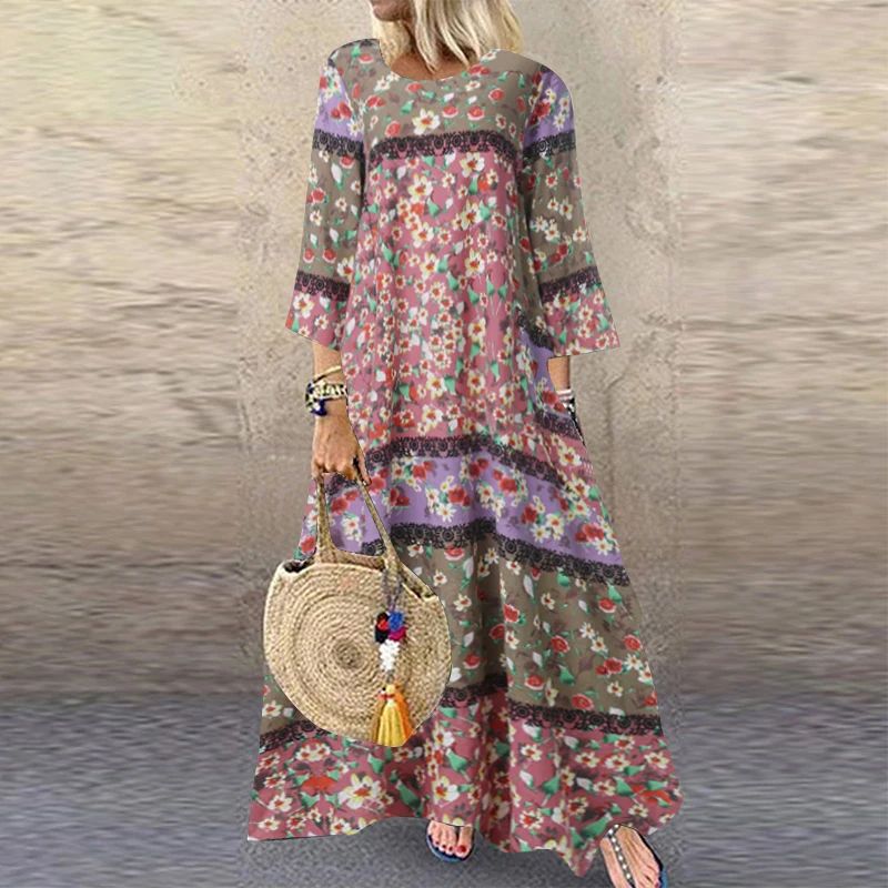Осень 3/4, рукав, узор в горошек, Женский кафтан, Vestido Femme, сарафан, длинное платье, винтажное женское хлопковое льняное платье