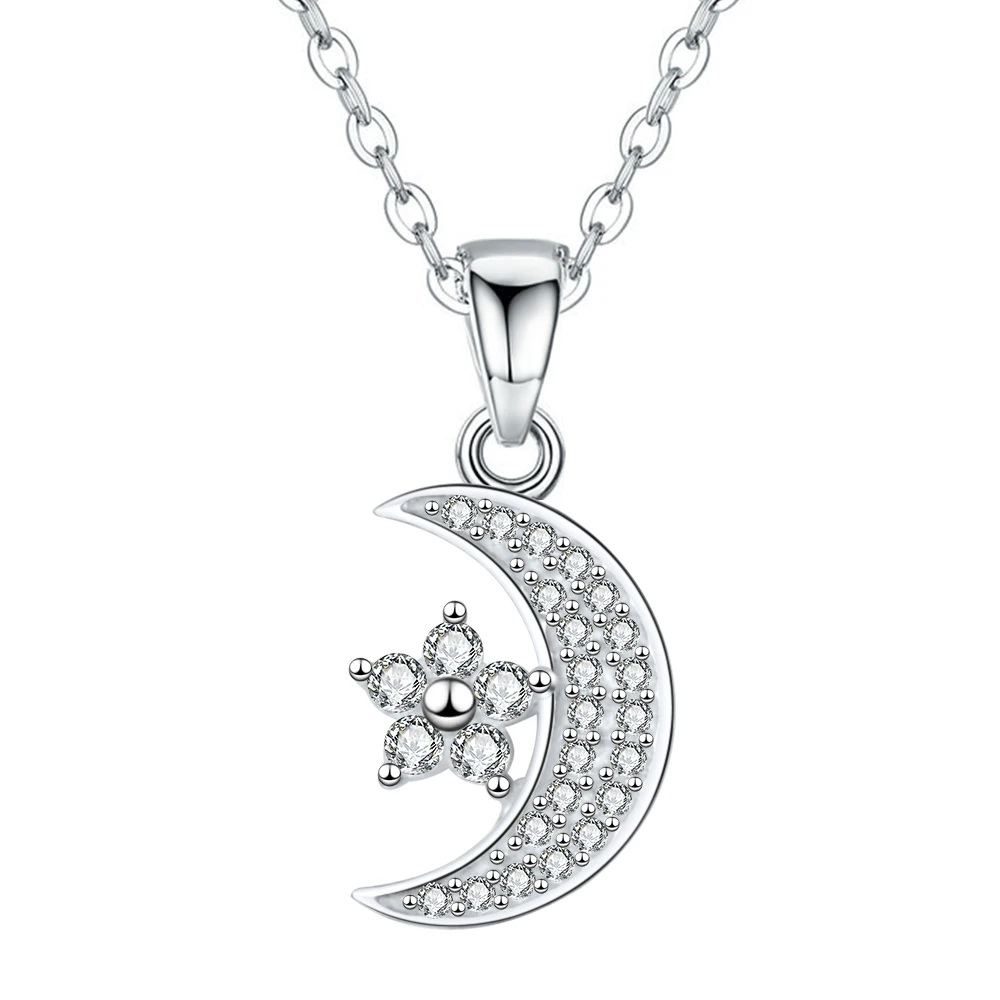 

StrollGirl 100% 925 sterling silver Moon pendant star with clear stone chain Necklaces for women fashion Jewelry gift free ship