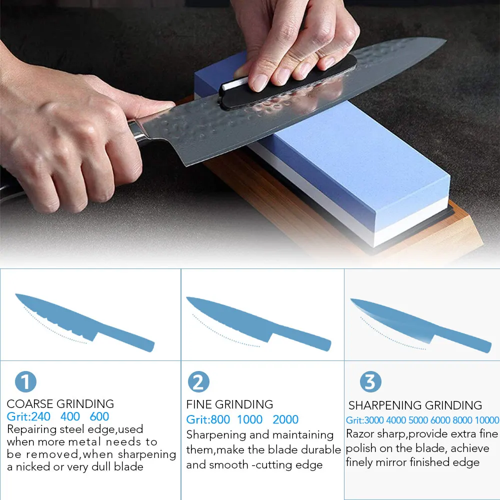Affûtage de couteaux à pierre à aiguiser 2 faces, kit professionnel d' affûtage de couteaux à pierre à eau 2-en-1 1000/6000 avec base  antidérapante et guide d'angle 