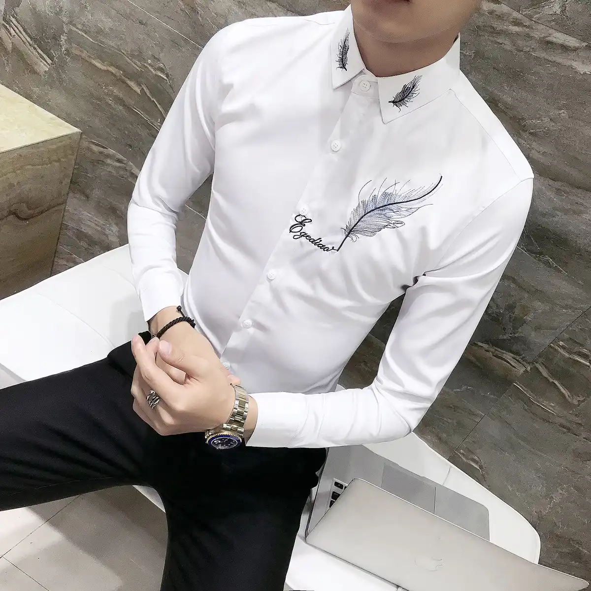 mens white embroidered dress shirt