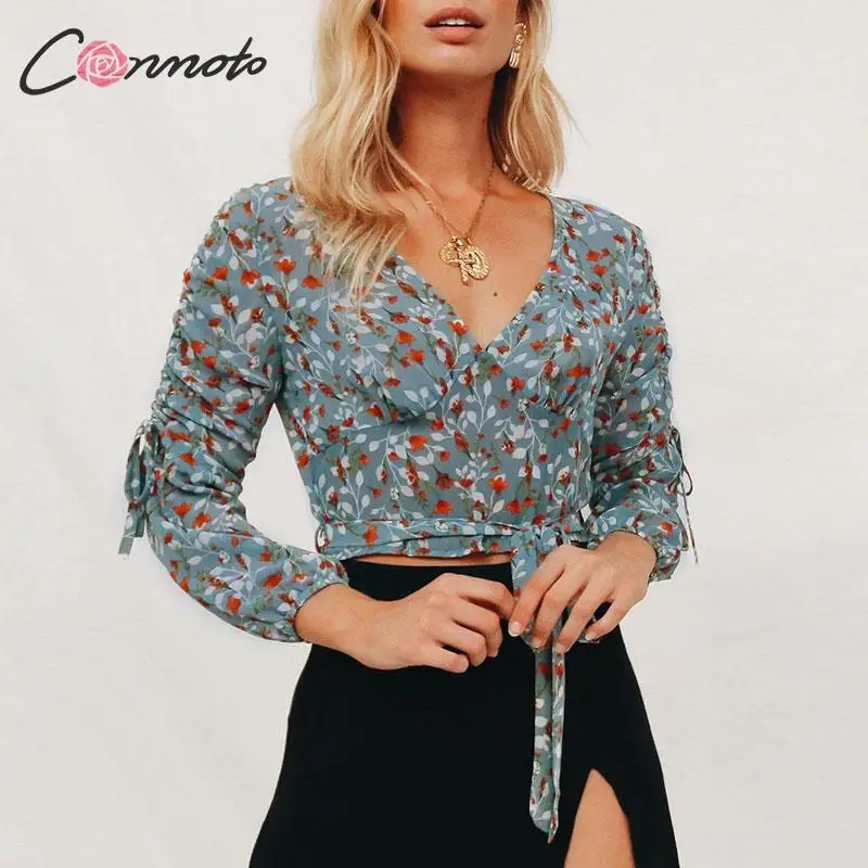 Conmoto Мода Boho печати женские короткие топы и блузка осень винтажные Женские Drawstring фонарь рукав рубашка шифон Blusa