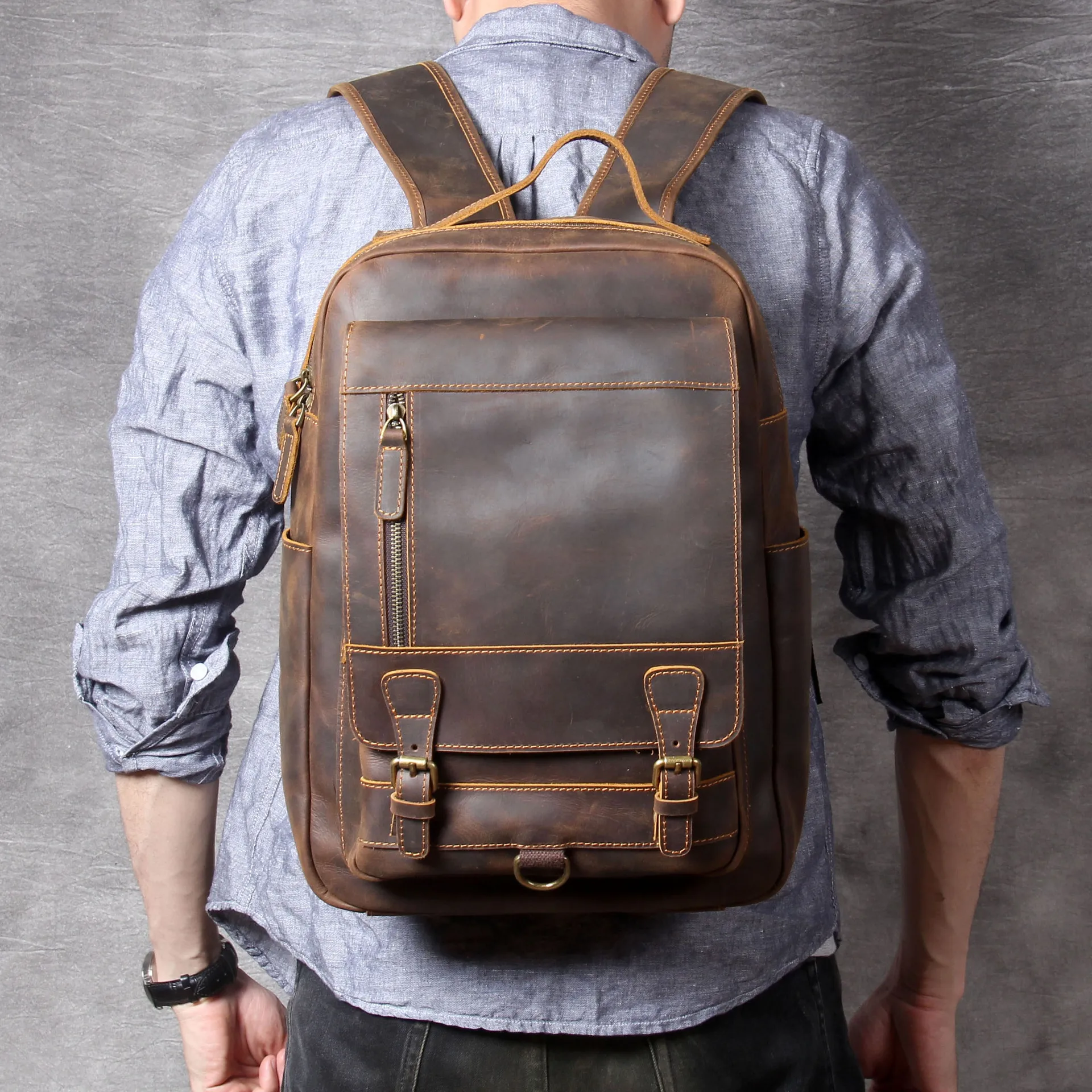 

2019 Men's Large Capacity Cowhide Vintage Backpack Brand Original Handmade Genuine Leather Computer Double Shoulder Bag Daypack