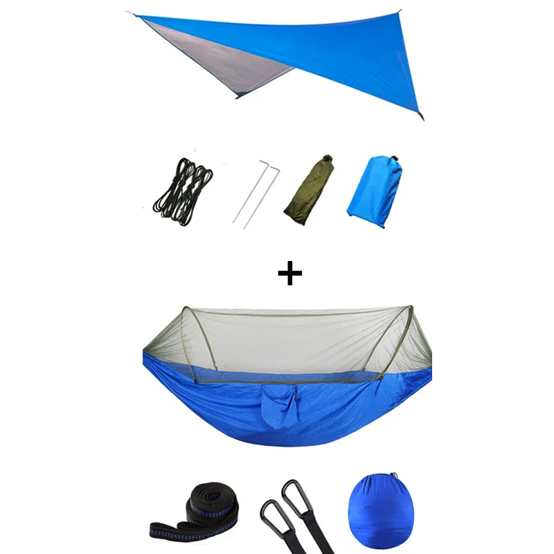 Blue and blue Outdoor Portable Hammock with Mosquito Net and Rain Fly Camping Backpacking Bug Hammocks and Netting Parachute Hammock Canopy - Color: Blue and blue