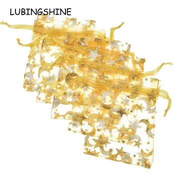 

50pcs/lot Moon Star Organza Gift Bags Strap Drawstring Candy Pouches Wholesale Jewellery Packaging With Butterfly 9*12 cm