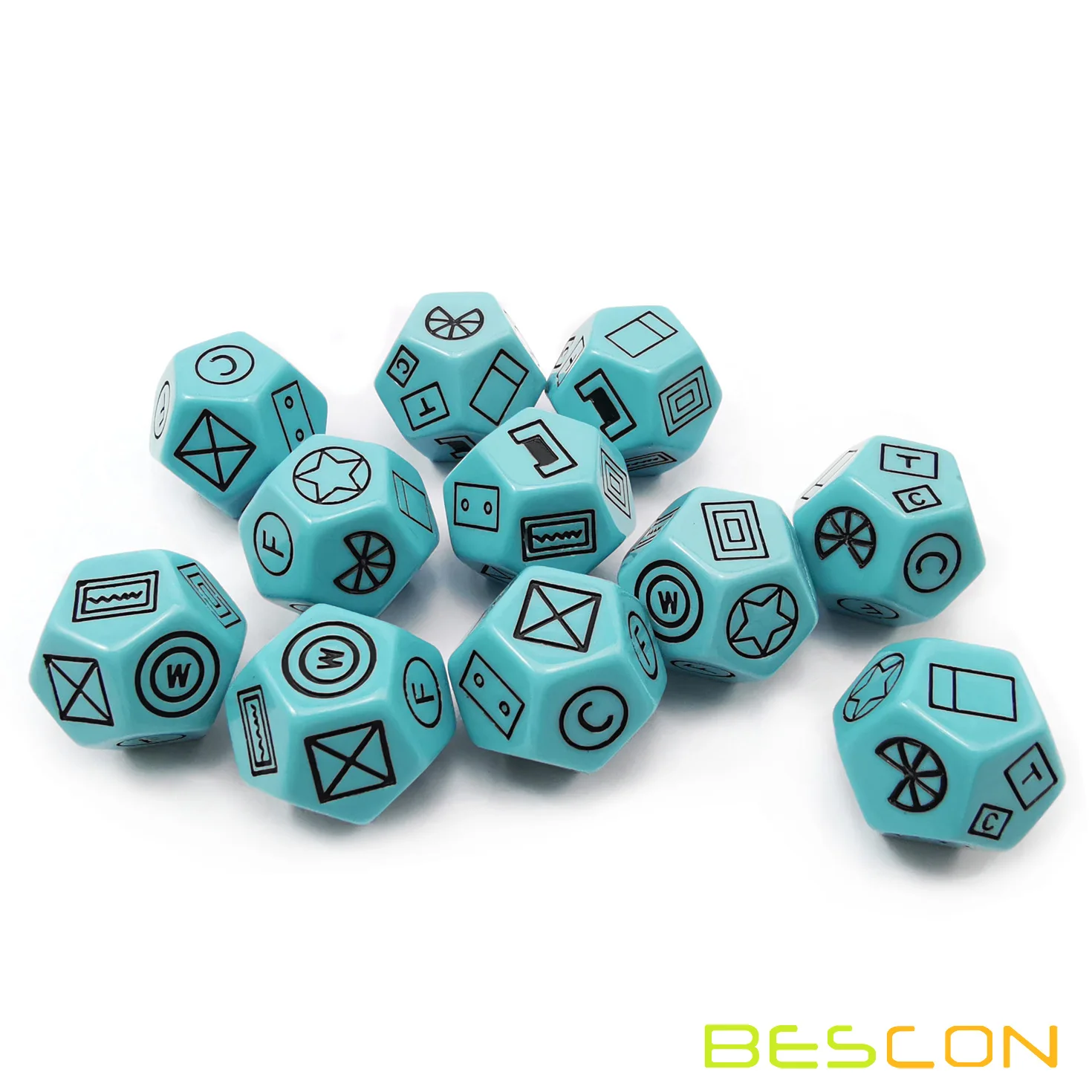 Bescon's Dungeon and Wilderness Terrain, Dungeon Feature and Treasure Type Dice Set, 4 piece Proprietary Polyhedral RPG Dice Set 4