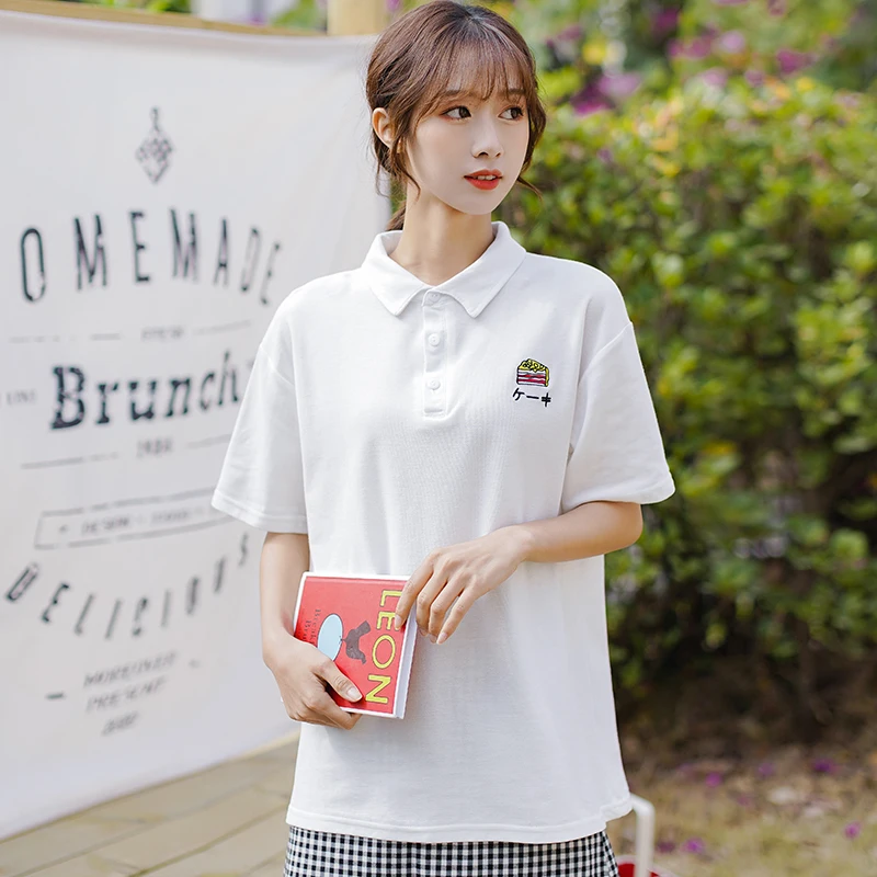 

2020 Summer Women White T-shirt All Match College Student Polo Neck Short Sleeve Tops Tees Preppy Style Casual Loose T Shirt