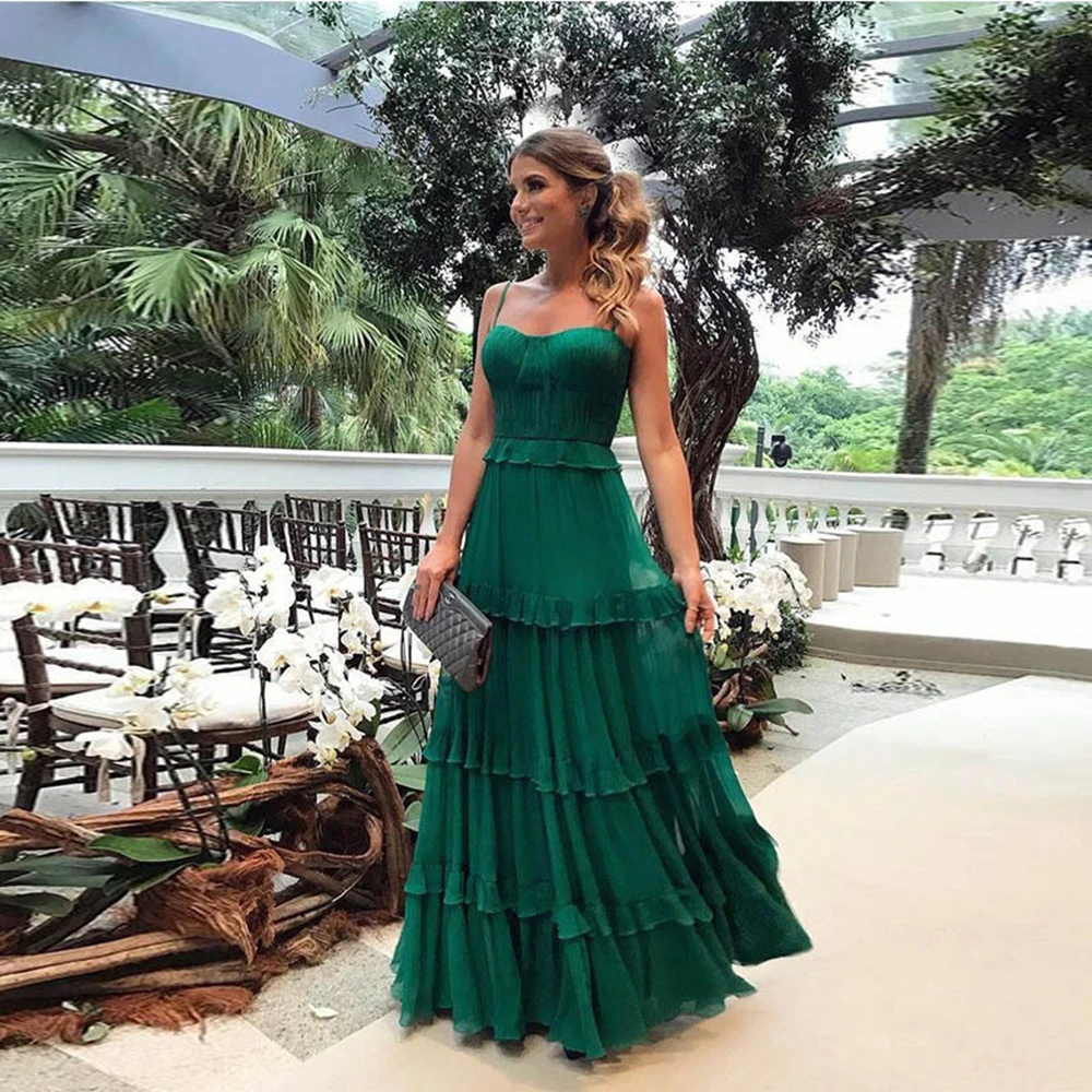 

Green Tulle Spaghetti Strap Womens Dress Elegant Party Evening Sleeveless Sexy Long Dresses Pleated Ruffles Maxi Summer Dress