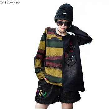 

Streetwear Loose Hoodies High Street Letter Printing Tops Autumn And Winter New Long Loose Knit Top O Neck Top Female Z3