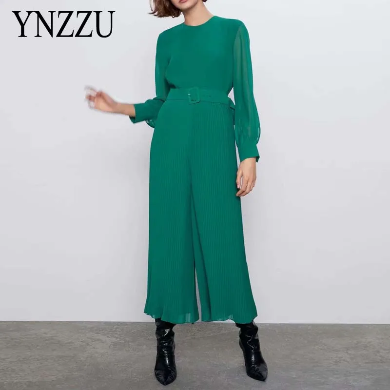 Женский комбинезон с поясом YNZZU YJ069 зеленый Облегающий длинными рукавами и