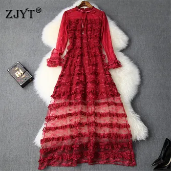 

2019 New Autumn Runway Dress Designers Women Elegant Ruffle Layered Sexy Transparent Long Maxi Lace Party Dresses Red Black