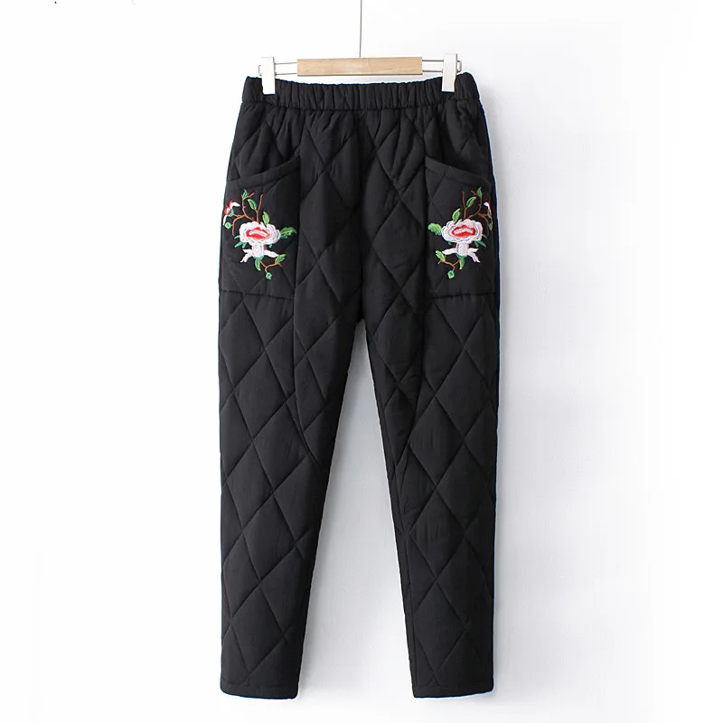 

Plus Size pants For Women Elastic Waist Embroidery flowers Small square quilted cotton design Sandwich with cotton Large Size 4X